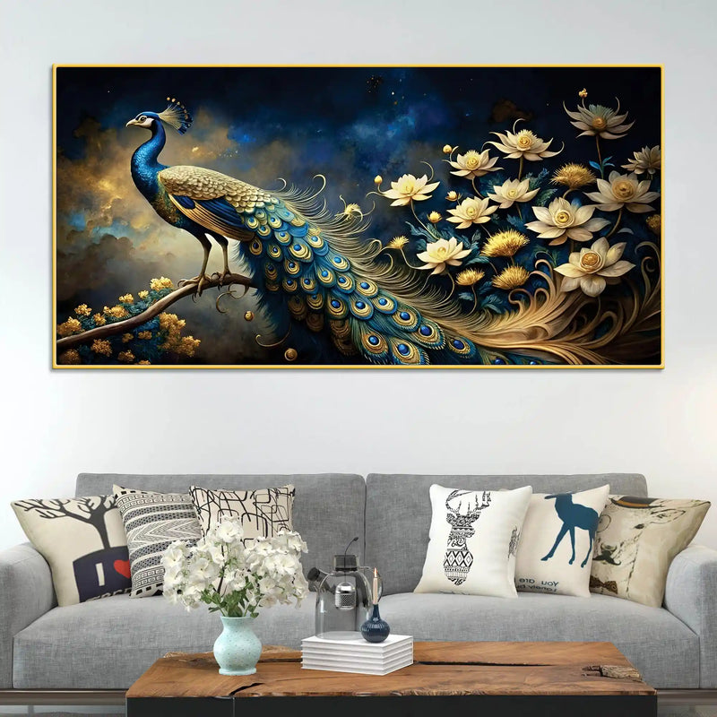Majestic Royal Peacock in Lotus Garden Under Starlit Canvas Wall Painting