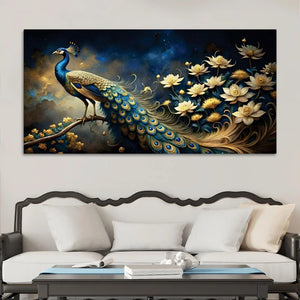 Majestic Royal Peacock in Lotus Garden Under Starlit Canvas Wall Painting