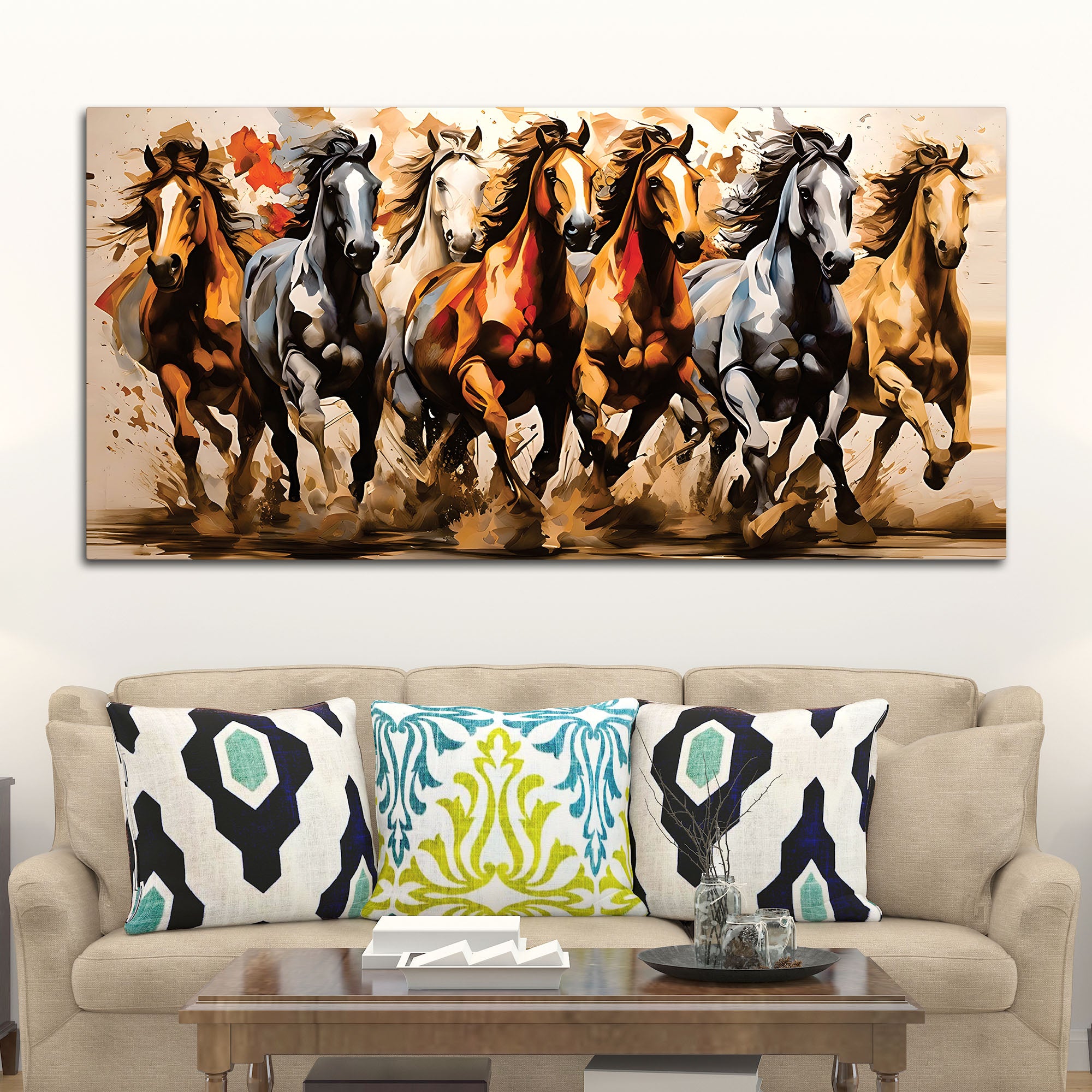 Majestic Seven Horses Water Color Art Premium Wall Painting