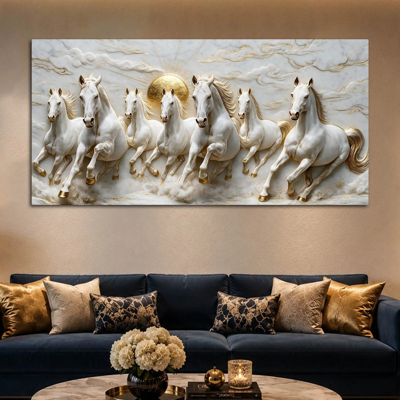 Majestic Seven Running White Horses 3D Canvas Wall Painting