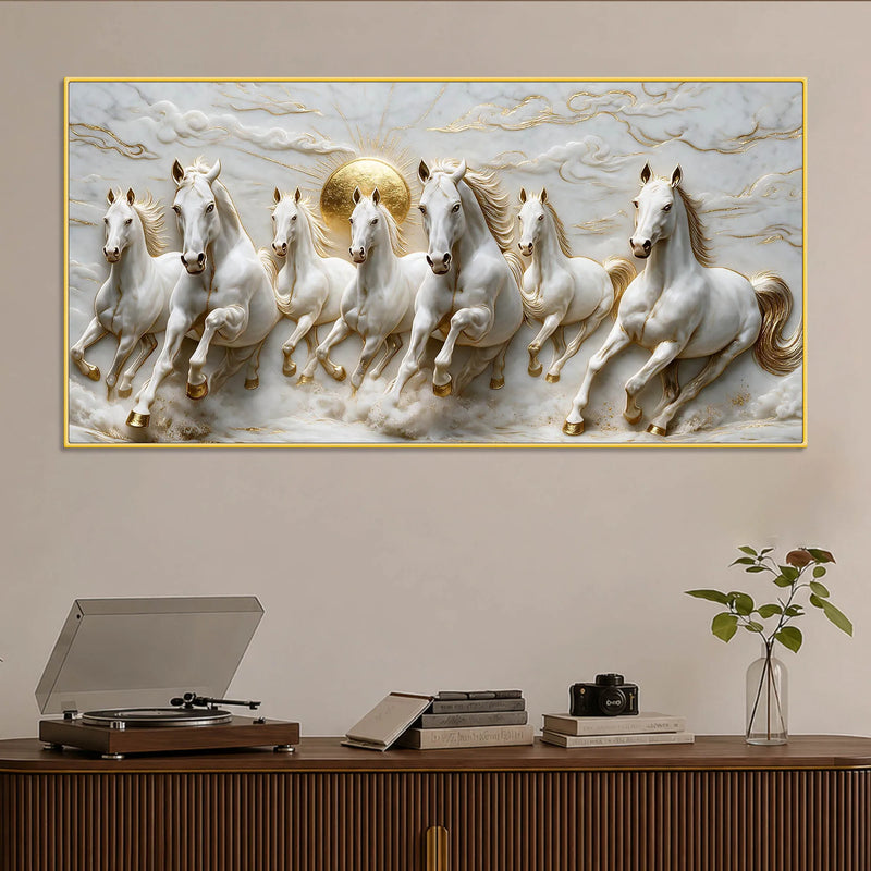 Majestic Seven Running White Horses 3D Canvas Wall Painting