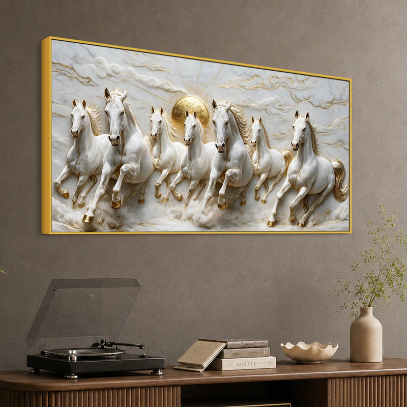 Majestic Seven Running White Horses 3D Canvas Wall Painting