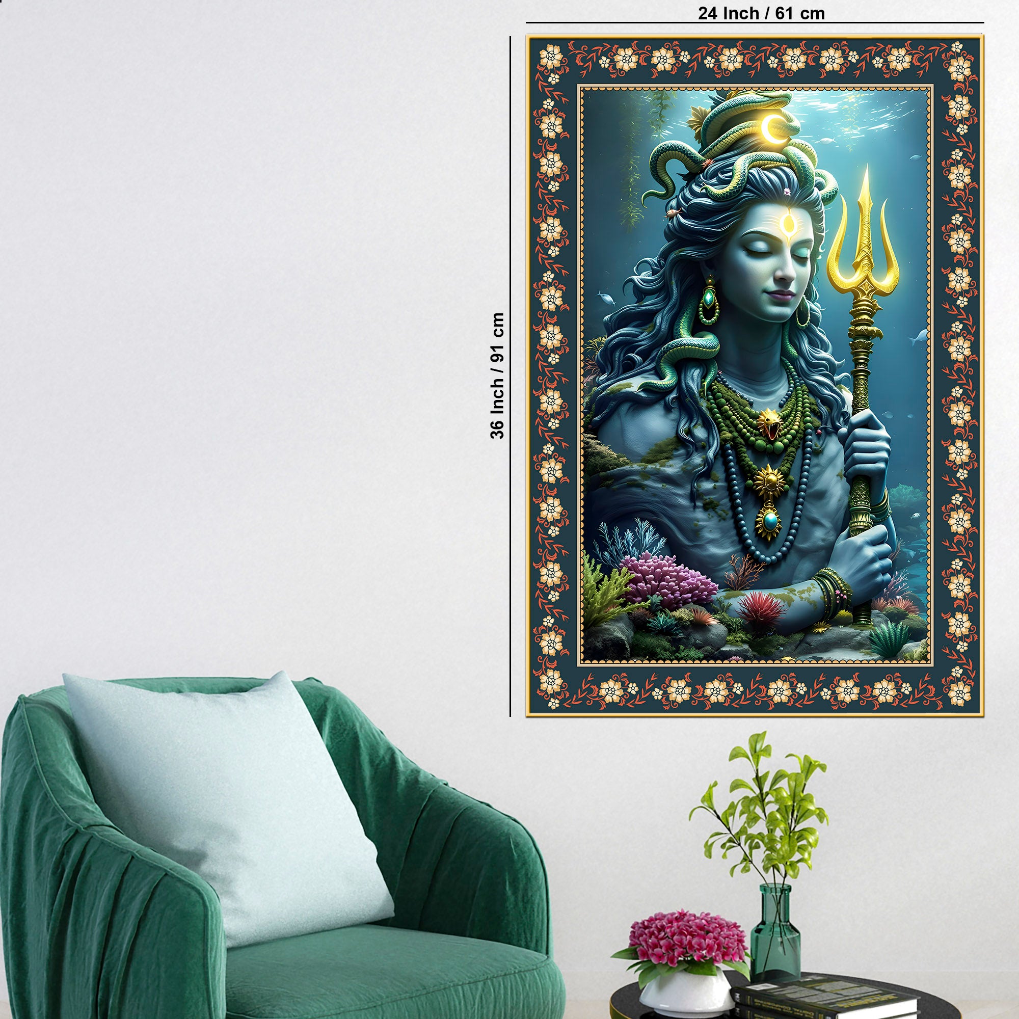 Majestic Shiva with Trident Floral Border Vertical Wall Painting
