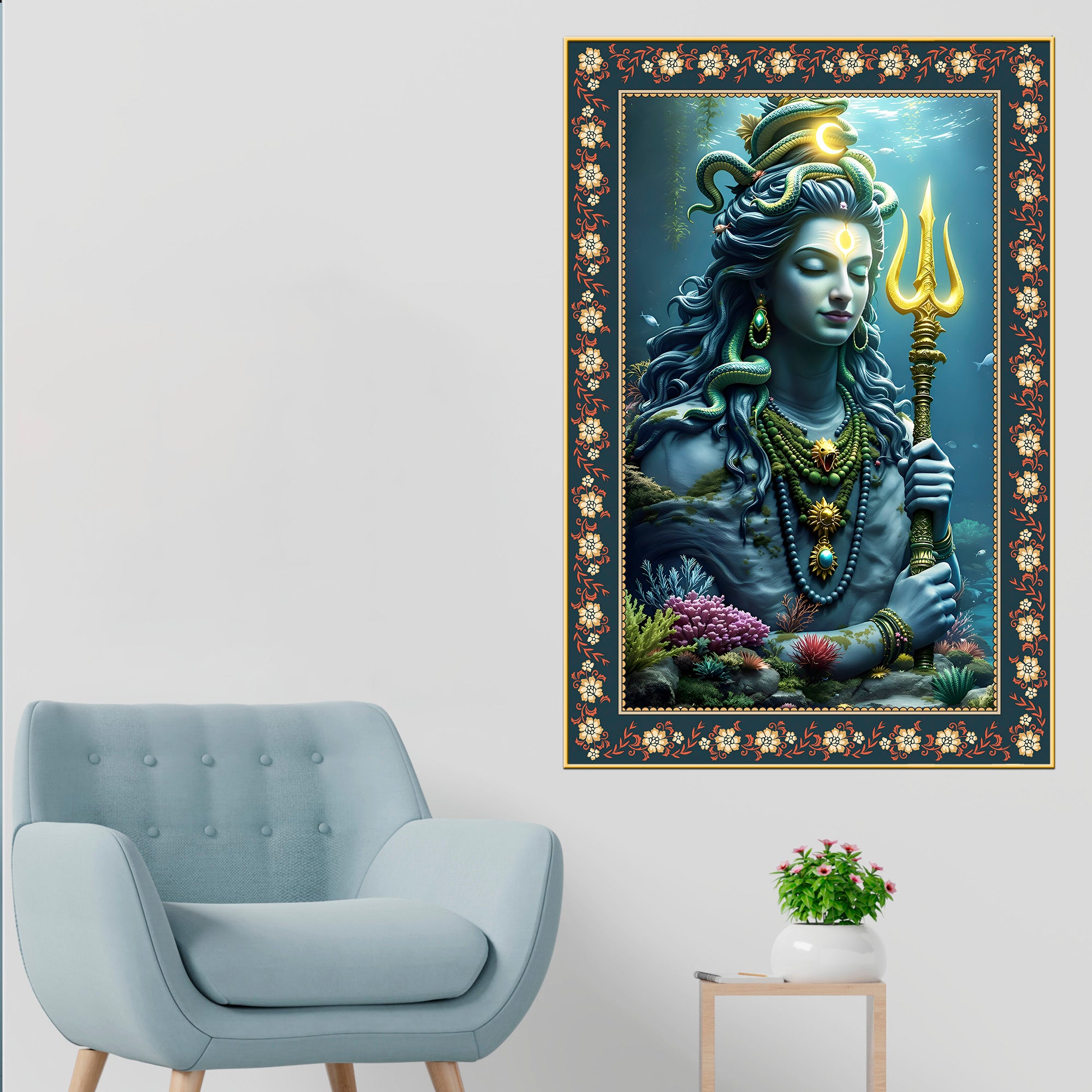 Majestic Shiva with Trident Floral Border Vertical Wall Painting