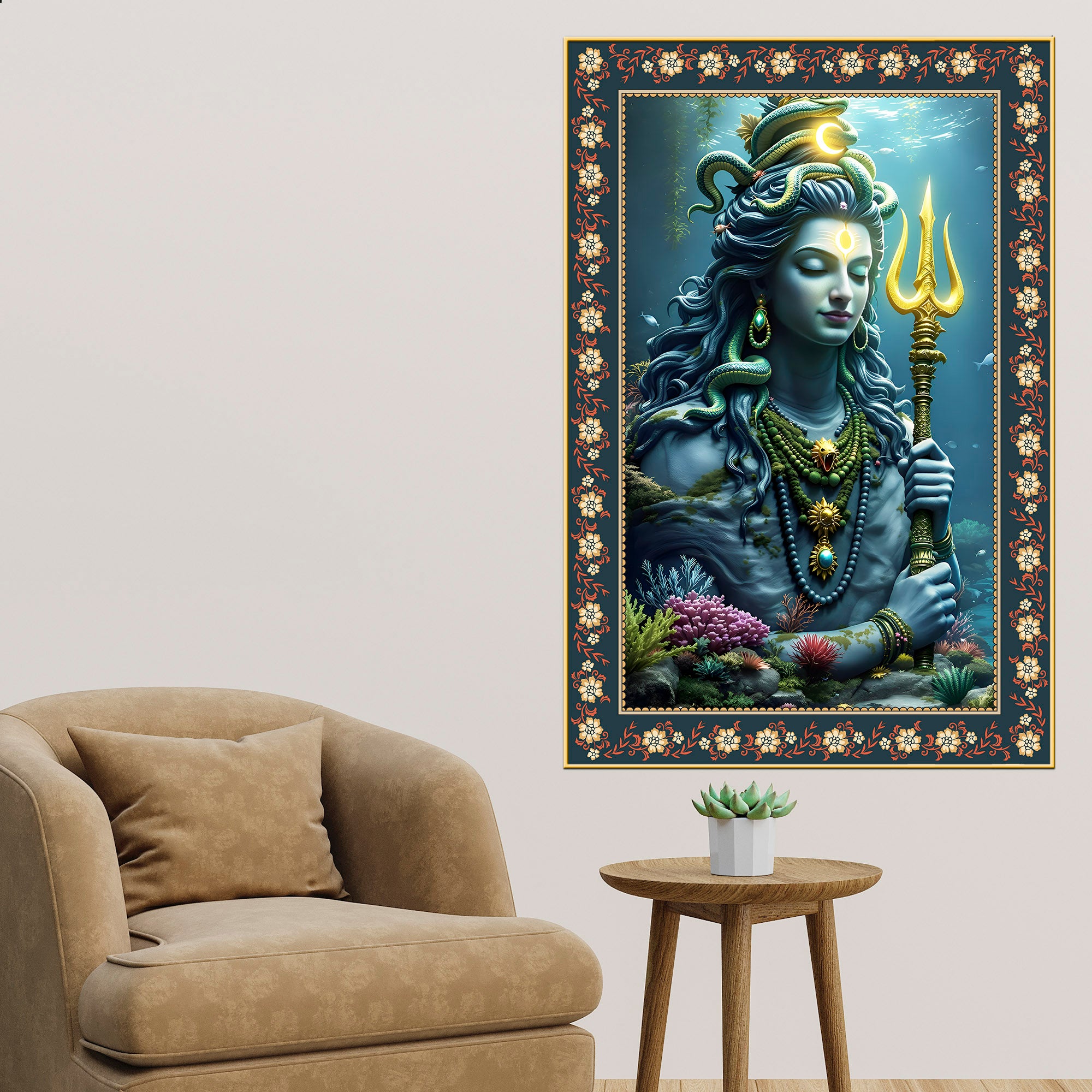 Majestic Shiva with Trident Floral Border Vertical Wall Painting