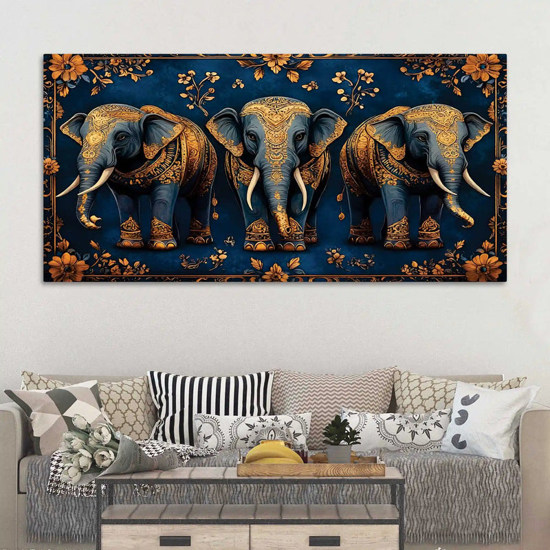 Majestic Three Elephant Canvas Wall Painting for Modern Interiors