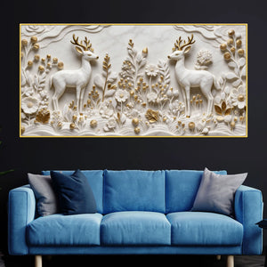 Majestic Twin Stags in White & Golden Floral Meadow 3D Canvas Wall Painting