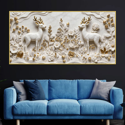 Majestic Twin Stags in White & Golden Floral Meadow 3D Canvas Wall Painting