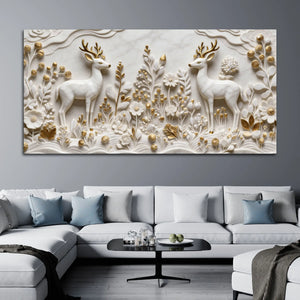 Majestic Twin Stags in White & Golden Floral Meadow 3D Canvas Wall Painting