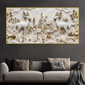 Majestic Twin Stags in White & Golden Floral Meadow 3D Canvas Wall Painting