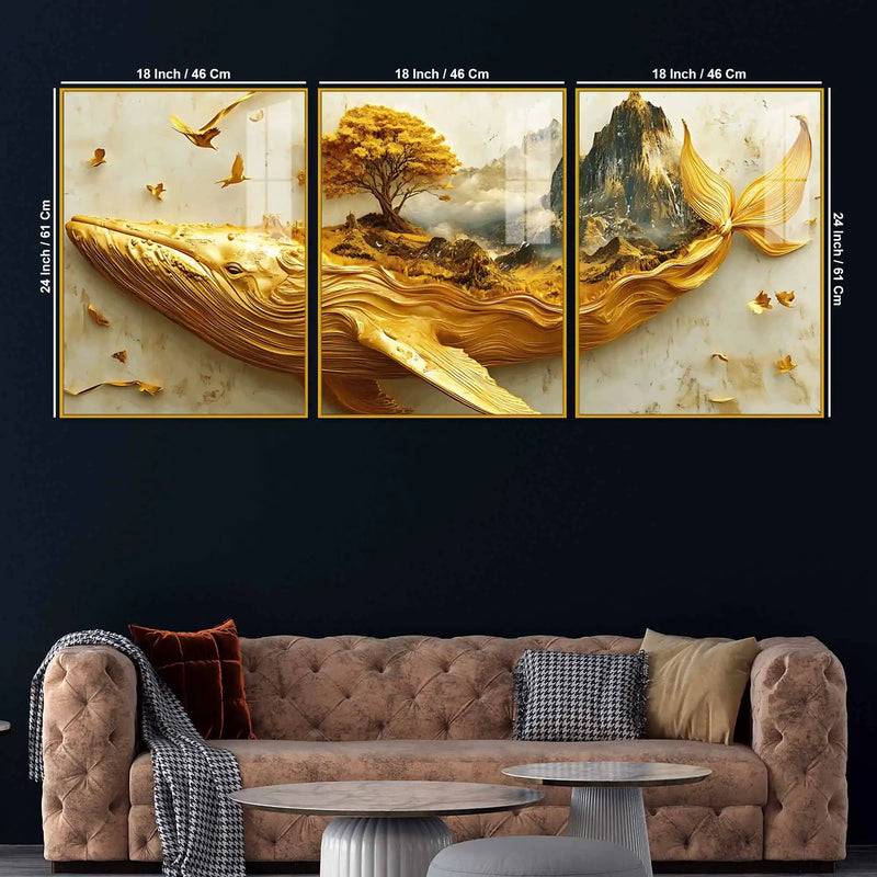 Majestic Whale and Mountain Scenic Floating Acrylic Painting Set of 3