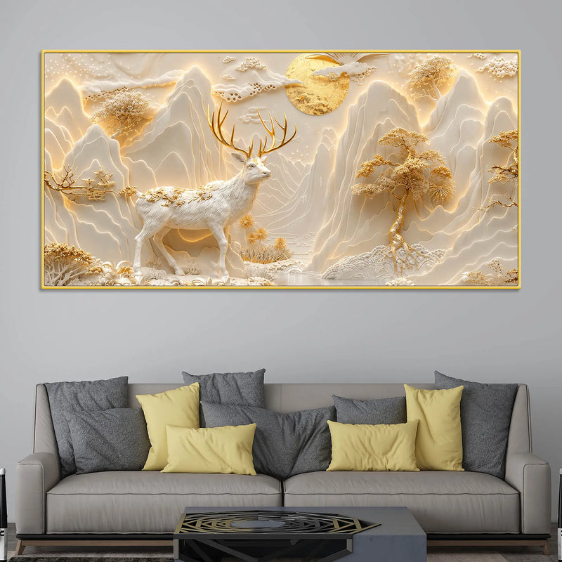 Majestic White & Golden Deer in Mountain Landscape 3D Canvas Wall Painting