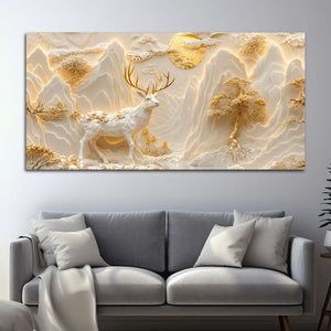 Majestic White & Golden Deer in Mountain Landscape 3D Canvas Wall Painting