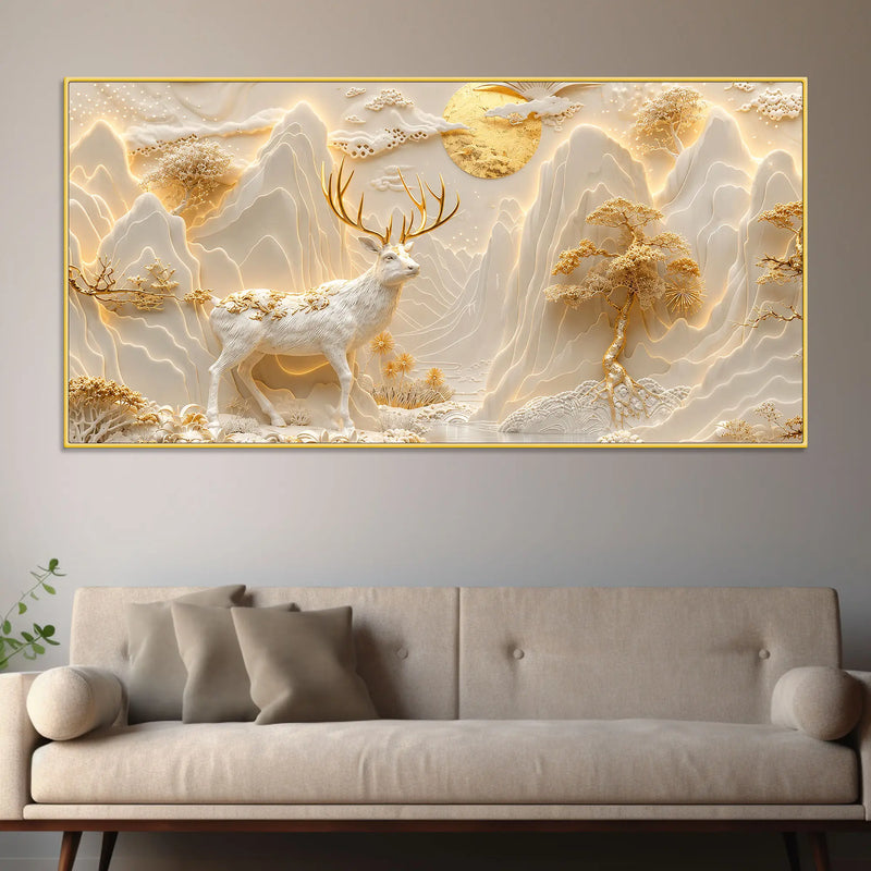 Majestic White & Golden Deer in Mountain Landscape 3D Canvas Wall Painting