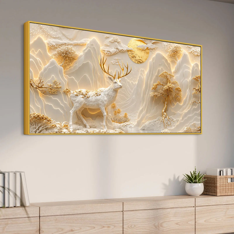 Majestic White & Golden Deer in Mountain Landscape 3D Canvas Wall Painting