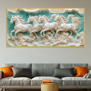 Majestic White Horses Galloping Through Ocean Waves 3D Canvas Wall Painting