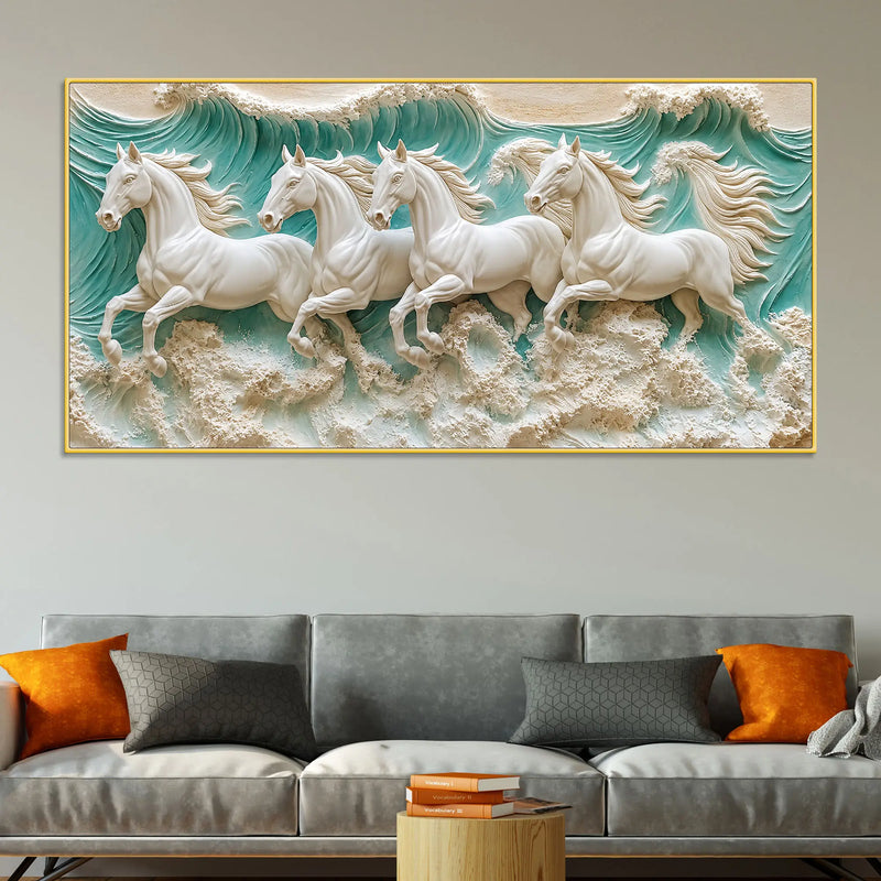 Majestic White Horses Galloping Through Ocean Waves 3D Canvas Wall Painting