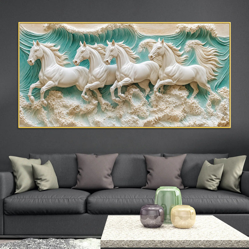 Majestic White Horses Galloping Through Ocean Waves 3D Canvas Wall Painting