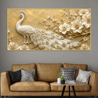 Majestic White Peacock with Blooming Floral Branch 3D Canvas Wall Painting