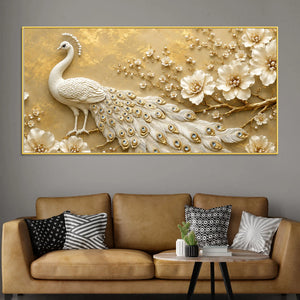 Majestic White Peacock with Blooming Floral Branch 3D Canvas Wall Painting