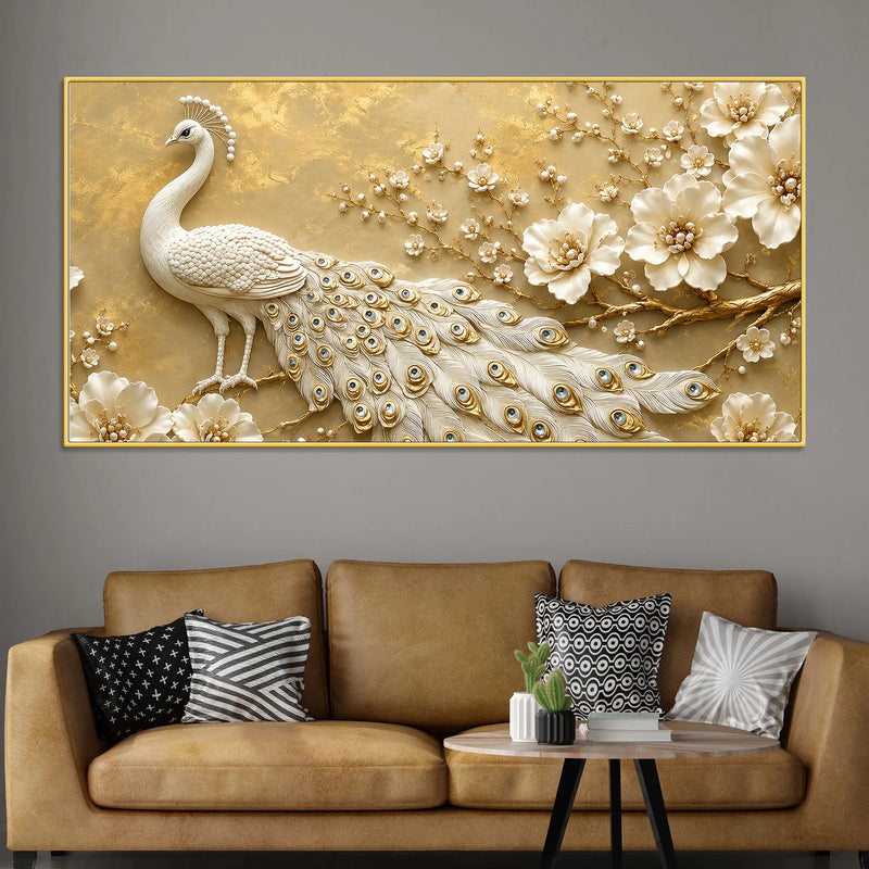 Majestic White Peacock with Blooming Floral Branch 3D Canvas Wall Painting