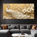 Majestic White Peacock with Blooming Floral Branch 3D Canvas Wall Painting