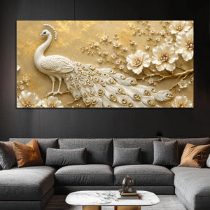 Majestic White Peacock with Blooming Floral Branch 3D Canvas Wall Painting