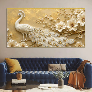 Majestic White Peacock with Blooming Floral Branch 3D Canvas Wall Painting