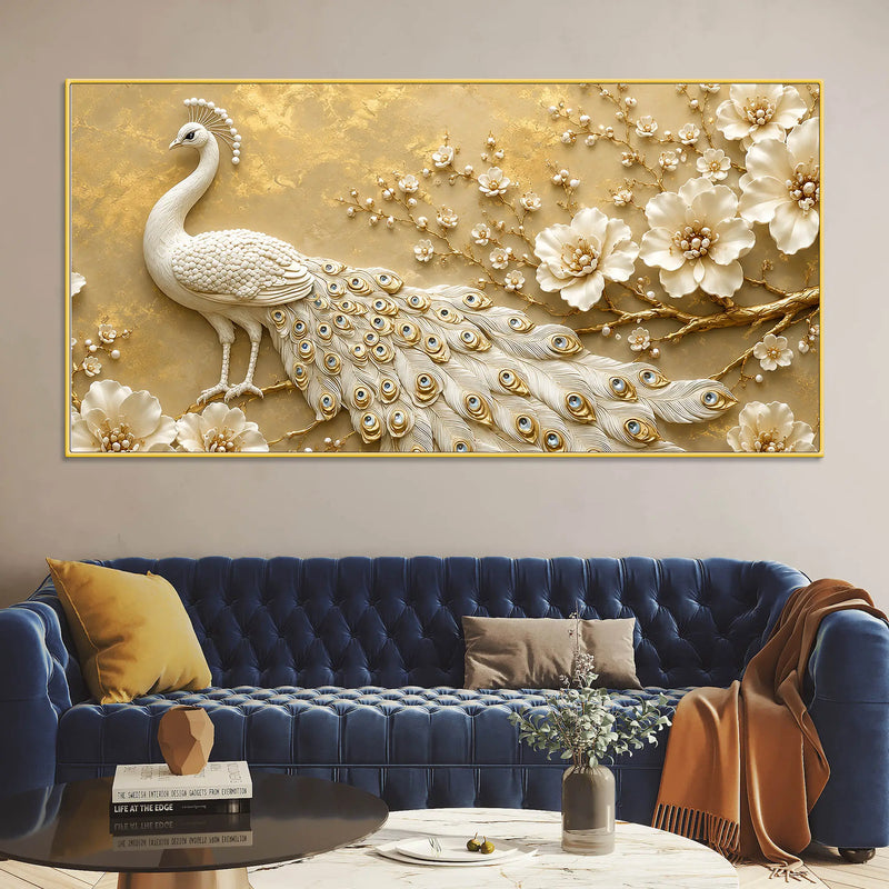 Majestic White Peacock with Blooming Floral Branch 3D Canvas Wall Painting