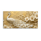 Majestic White Peacock with Blooming Floral Branch 3D Canvas Wall Painting