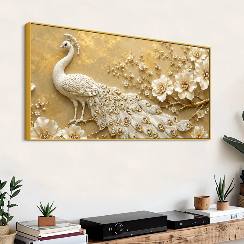 Majestic White Peacock with Blooming Floral Branch 3D Canvas Wall Painting