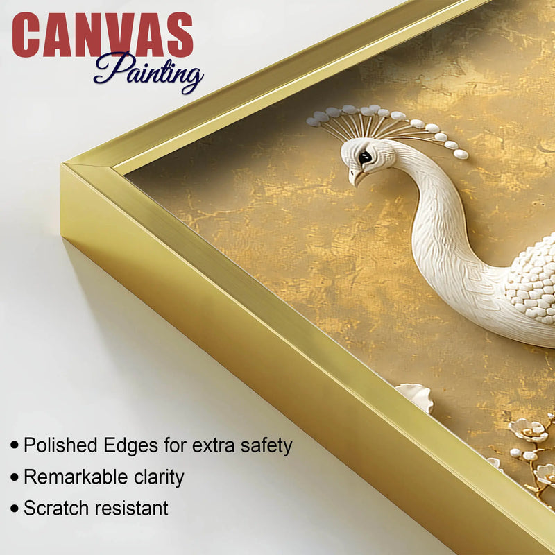 Majestic White Peacock with Blooming Floral Branch 3D Canvas Wall Painting