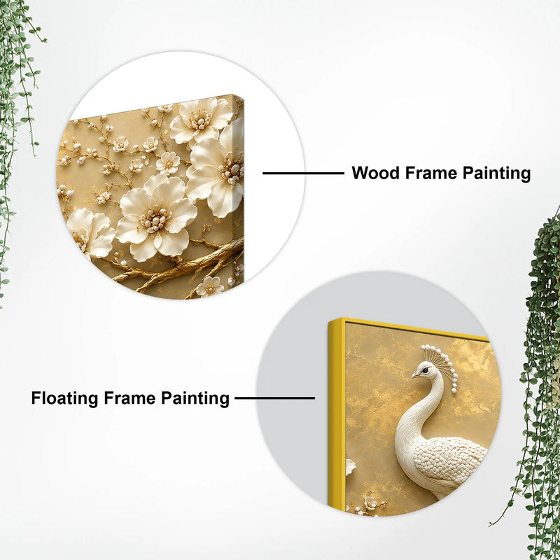Majestic White Peacock with Blooming Floral Branch 3D Canvas Wall Painting
