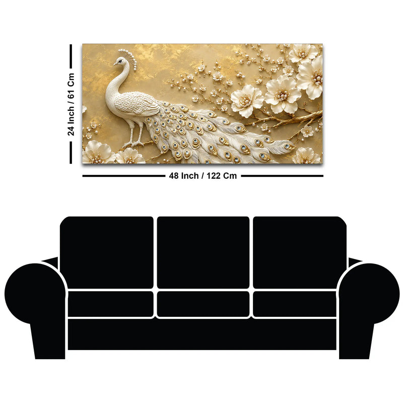 Majestic White Peacock with Blooming Floral Branch 3D Canvas Wall Painting