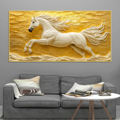 Majestic White Stallion Galloping Through Golden Horizon 3D Canvas Wall Painting