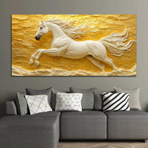 Majestic White Stallion Galloping Through Golden Horizon 3D Canvas Wall Painting