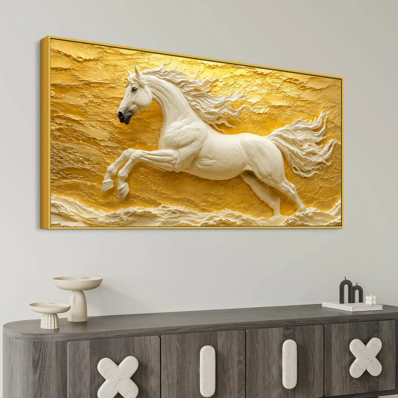 Majestic White Stallion Galloping Through Golden Horizon 3D Canvas Wall Painting