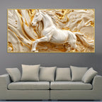 Majestic White Stallion in Flowing Golden Waves 3D Canvas Wall Painting