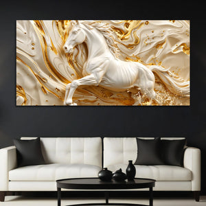 Majestic White Stallion in Flowing Golden Waves 3D Canvas Wall Painting