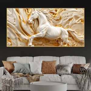 Majestic White Stallion in Flowing Golden Waves 3D Canvas Wall Painting