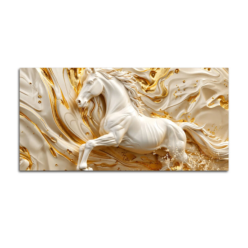 Majestic White Stallion in Flowing Golden Waves 3D Canvas Wall Painting
