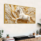 Majestic White Stallion in Flowing Golden Waves 3D Canvas Wall Painting