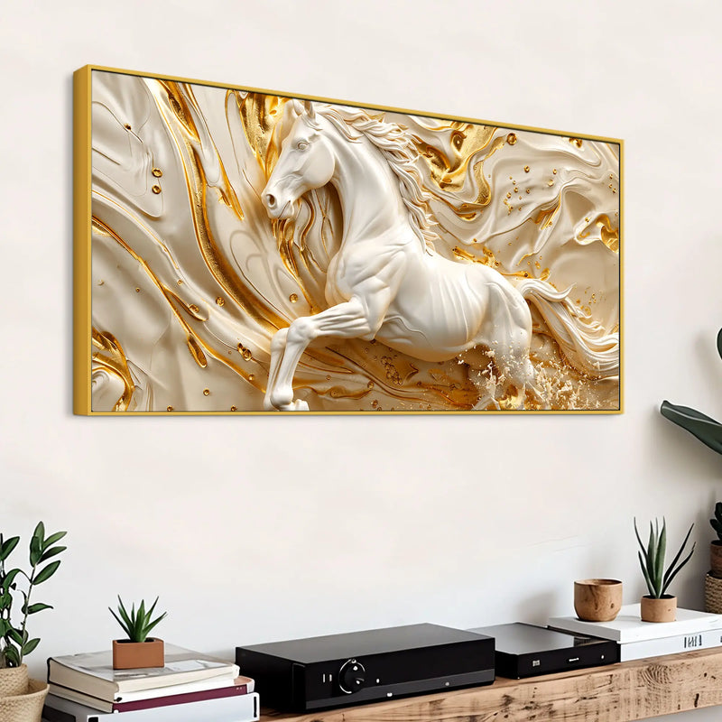 Majestic White Stallion in Flowing Golden Waves 3D Canvas Wall Painting