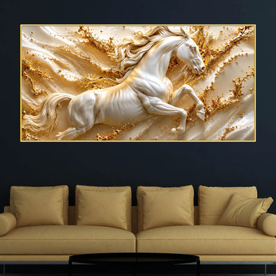 Majestic White Stallion Jumping Through Golden Waves 3D Canvas Wall Painting