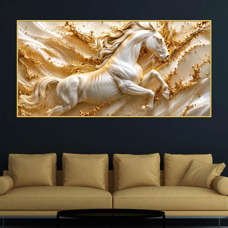 Majestic White Stallion Jumping Through Golden Waves 3D Canvas Wall Painting