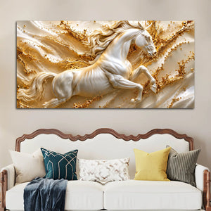 Majestic White Stallion Jumping Through Golden Waves 3D Canvas Wall Painting