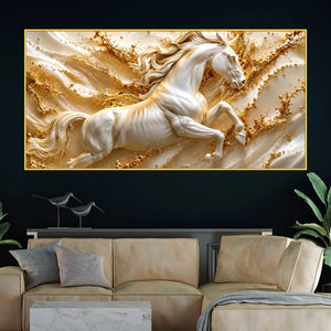 Majestic White Stallion Jumping Through Golden Waves 3D Canvas Wall Painting