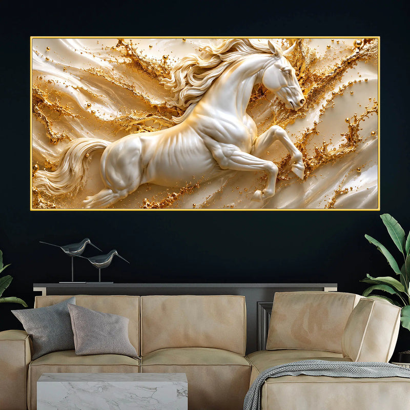 Majestic White Stallion Jumping Through Golden Waves 3D Canvas Wall Painting
