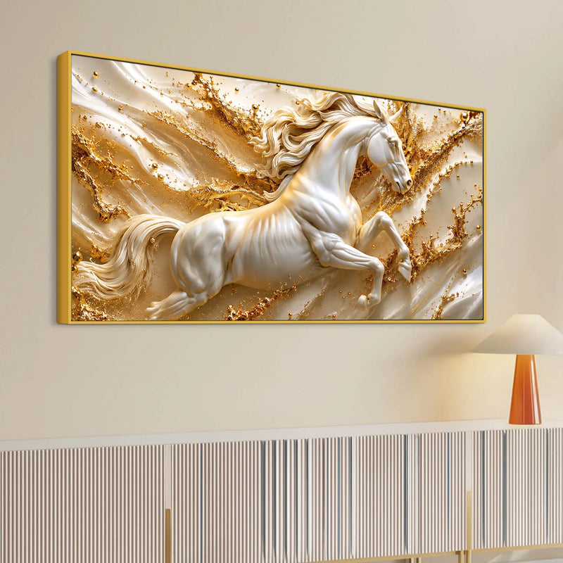 Majestic White Stallion Jumping Through Golden Waves 3D Canvas Wall Painting