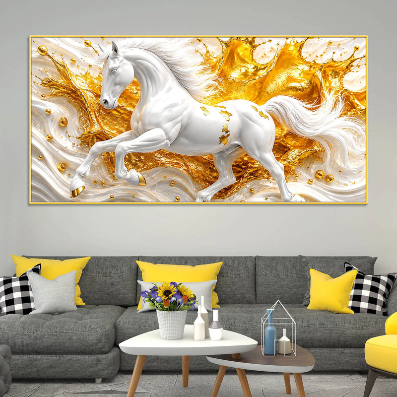 Majestic White Stallion with Golden Splash 3D Canvas Wall Painting